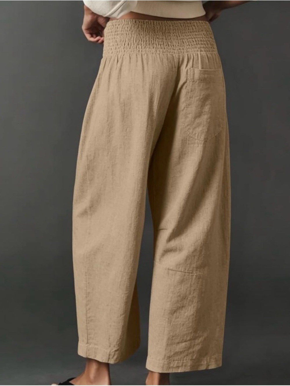 Barrel-Leg Smocked Elastic Waist Pants in Khaki